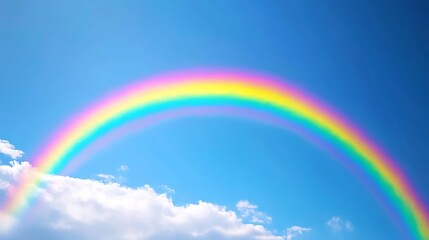 Colorful rainbow arches across a vibrant blue sky.