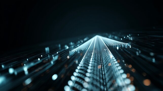 Futuristic glowing upward arrow symbolizing financial growth, technology innovation, and digital business success on dark matrix background