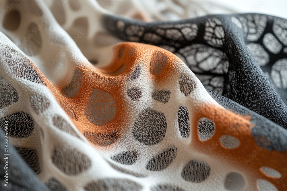 Aufkleber close-up of textured fabric with orange, white, and black patterns, showcasing intricate details and