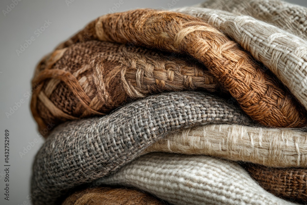 Aufkleber a stack of warm, textured woolen blankets in earthy tones, showcasing various weaves and patterns.