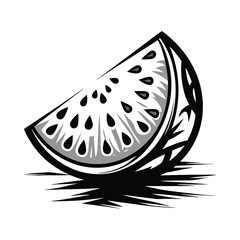 Sliced Watermelon Slice, Monochrome Illustration, Detailed Black Outline and Seeds, Summer Fruit