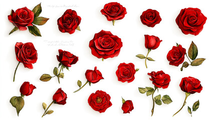 Watercolor red roses, in various shapes and sizes, on a white background