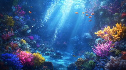 Vibrant Coral Reef: Underwater Scene with Sunbeams and Colorful Fish