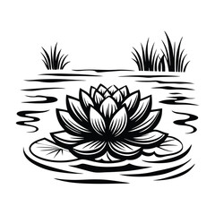 Elegant Water Lily Flower Silhouette with Lily Pads and Pond Reeds
