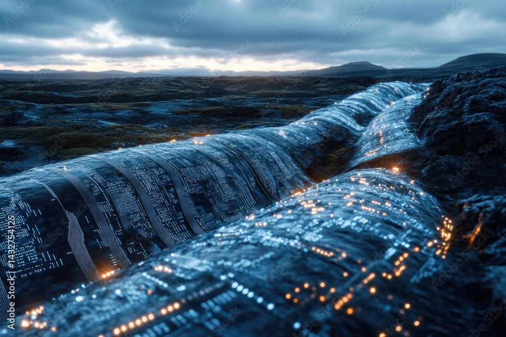 Fototapete digital data flowing like a river through a desolate landscape, representing the vastness and power 