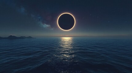 Obraz premium Total solar eclipse over a tranquil ocean