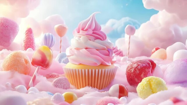 3D Render, Fantasy pastel colors candy land background with cupcake, candies, ice cream	