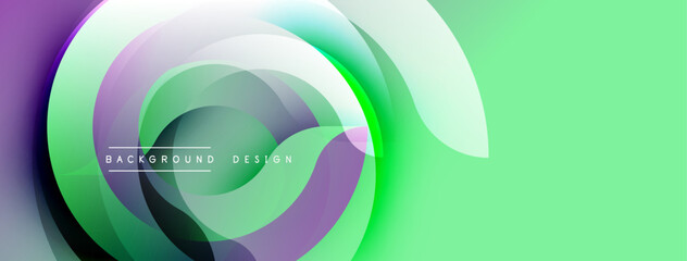 Abstract design features overlapping circles, gradients. Vibrant green, purple hues create modern visual effect. Smooth transitions dominate composition.