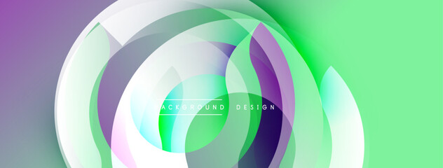 Abstract colorful circles overlap creating dynamic visual effect. Gradient shades blend, forming modern background design.