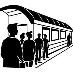 Silhouette of a train station with passengers waiting on the platform