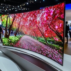 Berlin, Germany, Sep 06, 2019, LG OLED Ultra HD HDR10 Smart Premium TV on display, The Massive Curve of Nature, Global Innovations Show IFA 2019, wall ceiling tv
