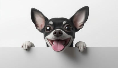 Playful Small Dog Puppy Peeking Over White Sign