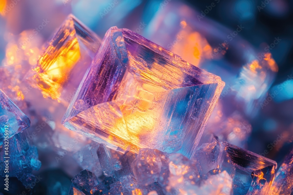 Poster close-up view of vibrant, glowing crystals exhibiting intricate structures and beautiful color gradi