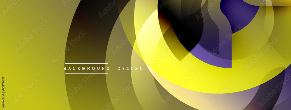 Poster Abstract design features overlapping circles, gradients. Yellow, black, purple hues create dynamic visual effect. Modern, minimalist style.