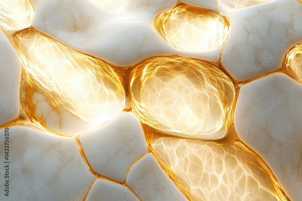 Poster Abstract image depicting glowing golden cells within a white, organic structure resembling a microscopic view of cellular energy.