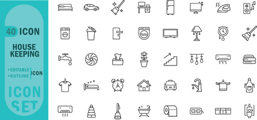 Housekeeping editable outline icon set. Cleaning tools, laundry symbols, home appliances, daily tasks, furniture items and more.

