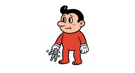 Fototapeta premium Red cartoon character holding small item concerned expression