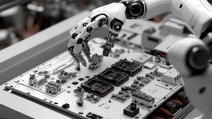 A robotic arm with modular tools, adjusting its attachments for different tasks in a high-tech production area, High-tech style