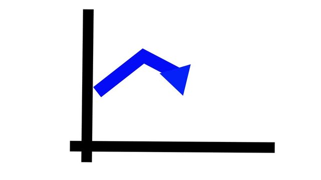 A business graph up to a down blue arrow with an animated. Animation of a blue arrow chart graph on a black background with a grid. Video footage