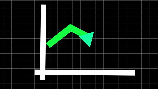 A business graph up to a down blue arrow with an animated. Animation of a blue arrow chart graph on a black background with a grid. Video footage