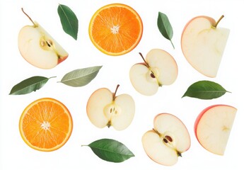 Red Apples And Orange Slices With Green Leaves On A White Background