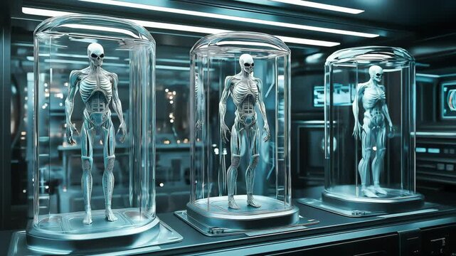 A futuristic alien lab with humanoid figures in glass containers	