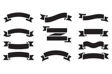 Black Plain outlined black and white banner pack contains 8 different style ribbon banners with some of them in wavy curvy folded flat rounding a vector on white background