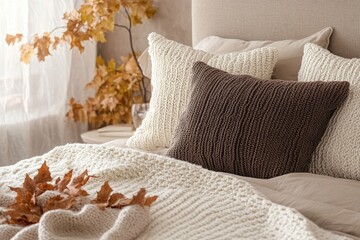 A cozy autumnal bedroom with knitted throws and pillows.