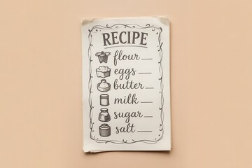 Vintage recipe list featuring basic baking ingredients.