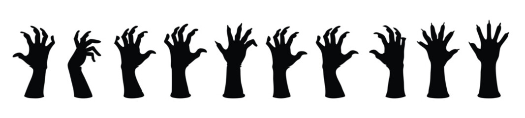 Halloween zombie hands silhouettes set isolated flat illustration on white background.