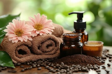 Brown towels, pink flowers, coffee beans and scrub products for spa treatment. Perfect for marketing spa products and wellness retreats online or in print.