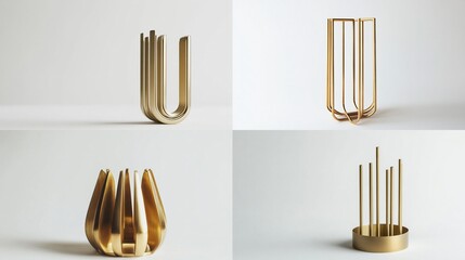 Four gold metal candle holders, modern design.