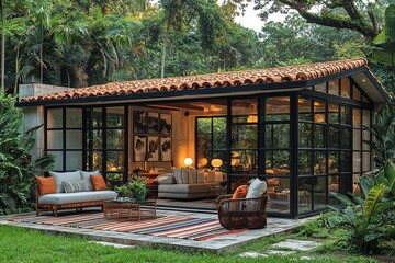 Obraz premium Sunroom with black steel frame, glass walls, modern furniture, and outdoor seating with a striped rug, featuring lush green trees and large sliding doors opening to the patio.
