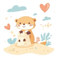 Fototapeta premium Cute otter building sandcastle on beach with hearts and clouds