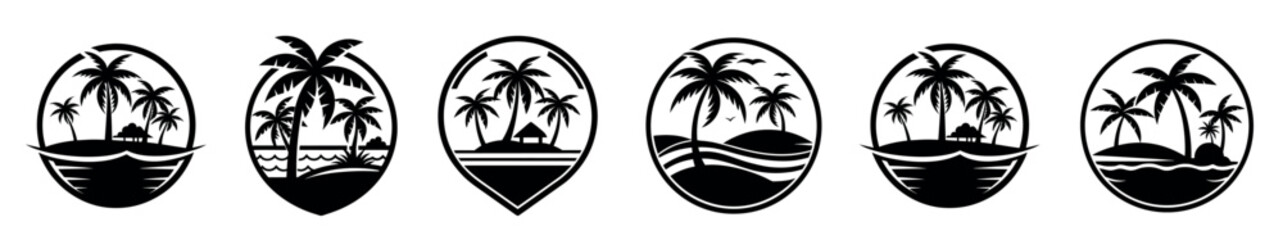 Tropical Island Logos in Black and White and Color design on a white background.