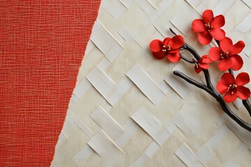 Red paper blossoms on a light beige woven surface.