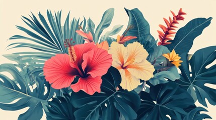 Tropical flower bouquet, vibrant hibiscus and lush foliage