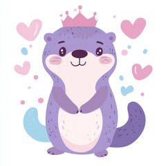 Obraz premium Cute otter princess in a crown, surrounded by hearts, for children's decor
