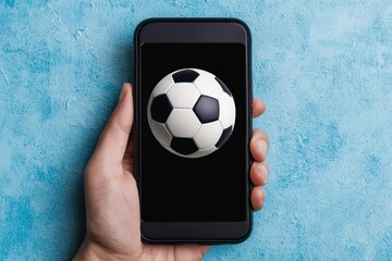 Hand holding smartphone displaying soccer ball on blue background