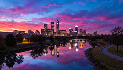 City skyline at sunset reflecting in the water  