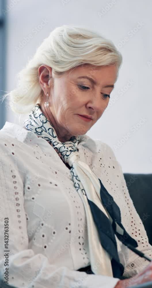 Poster writing, manager and mature businesswoman with interview documents for recruiting or hiring policy. 