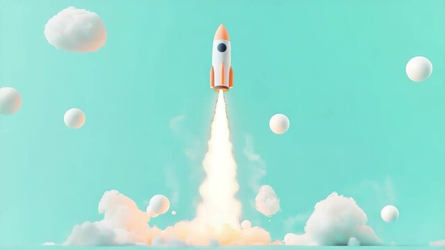 3D illustration of a cute rocket launching into the air with fluffy cloud of smoke forms	