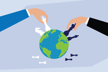 Two hands playing chess with the Earth as the chessboard symbolizing global strategy, power play, and international relations