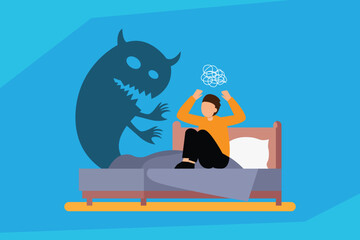 A fearful individual is sitting on a bed, overwhelmed by anxiety