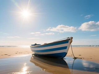 Obraz premium Blue and White Striped Boat by the Shore