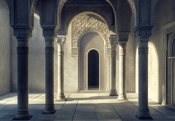 Obraz premium Sunlit Interior Of A Historic Stone Palace With Intricate Archways And Columns