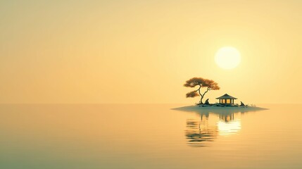 Serene sunset over a tranquil island featuring a small pavilion and solitary tree, reflecting calmness and peace.