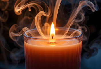 Luxury Candle Closeup With The Wick Lit, Surrounded By Delicate Swirling Smoke Trails Rising And Twisting In Dark Background