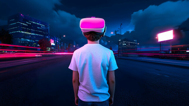 Young Boy Wearing VR Headset in Futuristic Neon City at Night