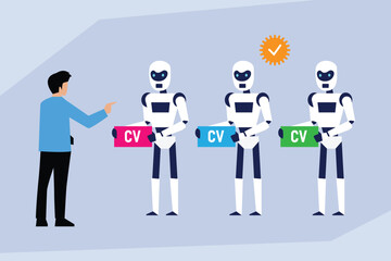 a man gesturing towards three robots holding CV